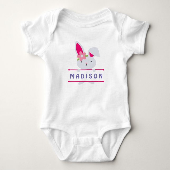 Cute Girly Easter  Bunny Personalised Name Baby Bodysuit (Front)