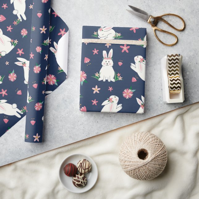Cute Girly Easter Bunny Rabbit Modern Blue Pink Wrapping Paper (Crafts)
