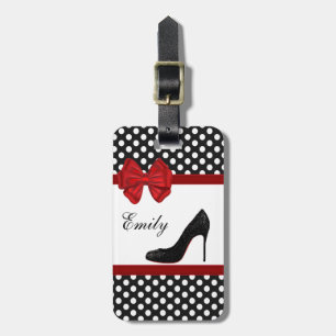 Cute girly elegant high heel polka dots monogram luggage tag