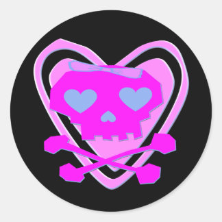 CUTE & GIRLY EMO SKULL & CROSSBONES CLASSIC ROUND STICKER