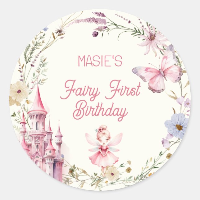 Cute Girly Fairy First Birthday Classic Round Sticker (Front)