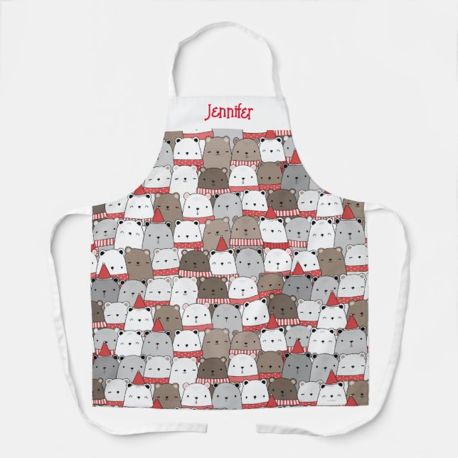 Cute Girly First Name Christmas Bears Illustrated Apron (Front)