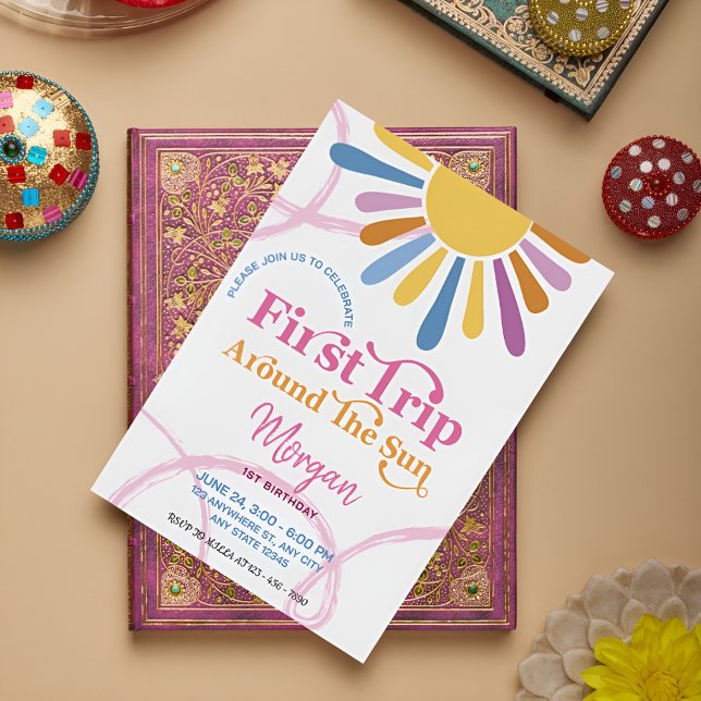 Cute Girly First Trip Around Sun Birthday Party Invitation (Creator Uploaded)