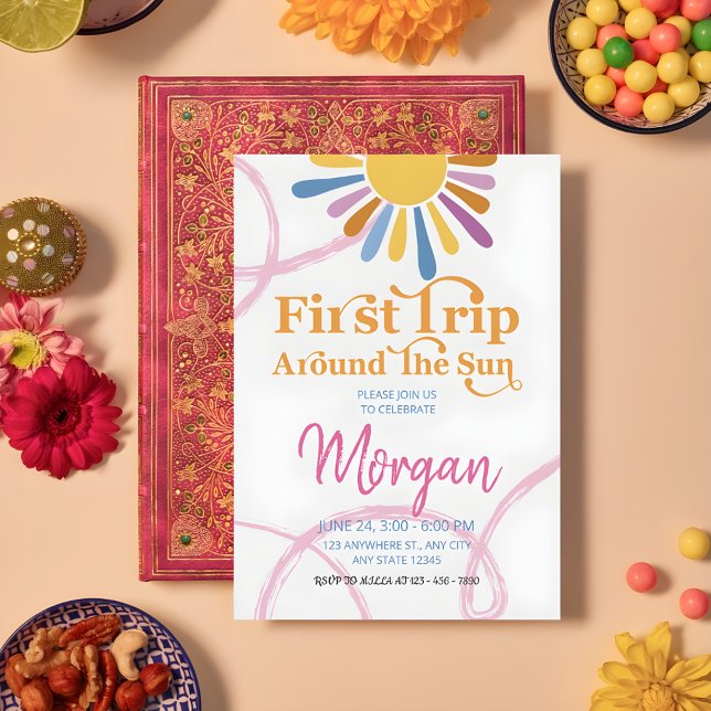 Cute Girly First Trip Around Sun Birthday Party Invitation (Creator Uploaded)