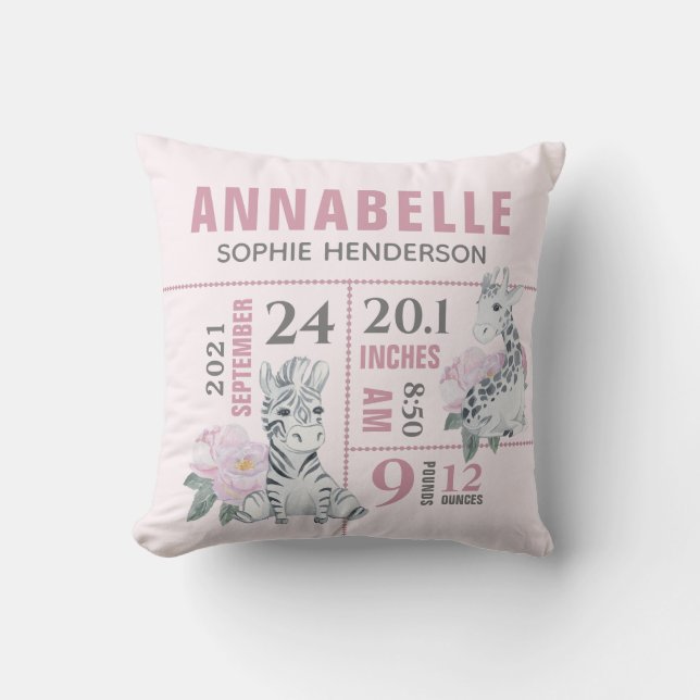 Cute Girly Floral Jungle Animals Birth Stats Cushion (Front)