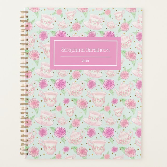 Cute Girly Floral Tea Cups Pattern Personalised Planner (Front)