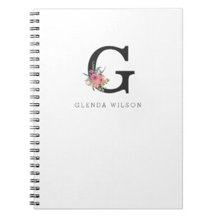 Cute Girly Floral Watercolor Boho Pink Monogram Notebook