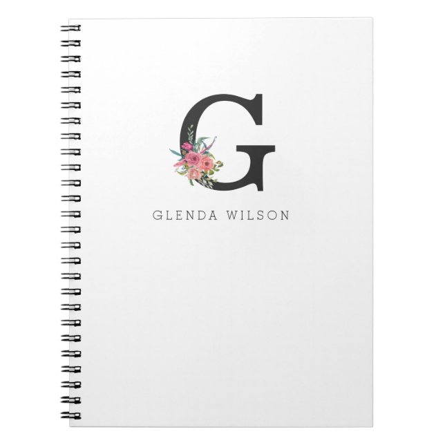 Cute Girly Floral Watercolor Boho Pink Monogram Notebook (Front)