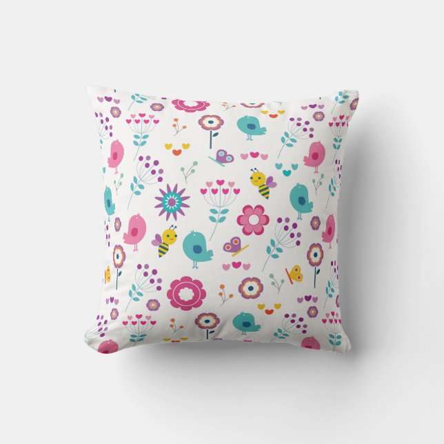 Cute Girly Flower Garden with Birds and Bees Cushion (Front)