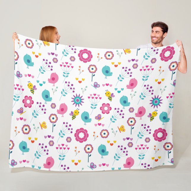 Cute Girly Flower Garden with Birds and Bees Fleece Blanket (In Situ)
