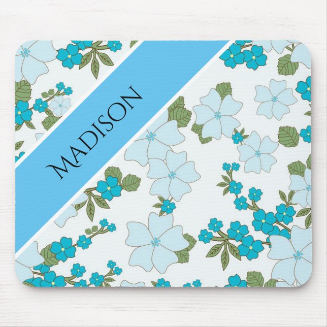 Cute Girly Flower Personalised Name Blue Mouse Pad (Front)