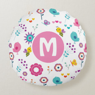 Cute Girly Flowers and Birds Pattern Personalised Round Cushion