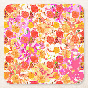 Cute girly flowers pattern square paper coaster