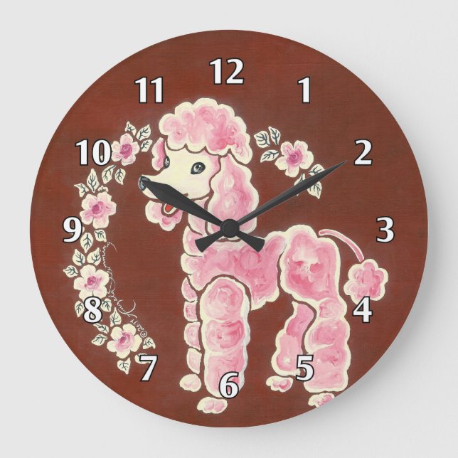 Cute Girly Fluffy Pink Poodle Dog Large Clock (Front)