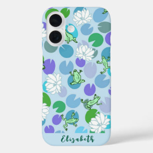 Cute girly frog art with blue waterlilies custom iPhone 16 case