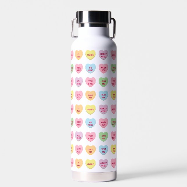 Cute girly fun custom conversation hearts pattern  water bottle (Front)