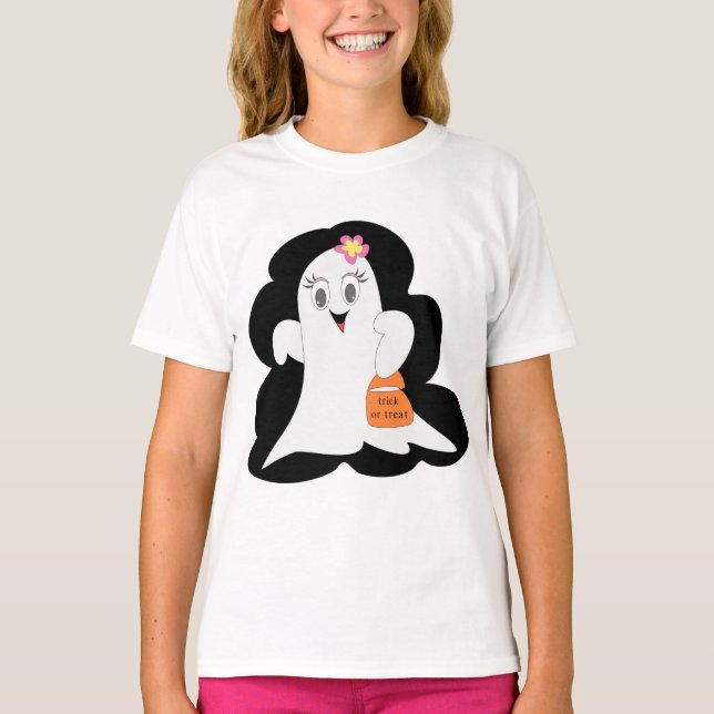 Cute Girly Ghost Halloween Trick or Treat T-Shirt (Front)