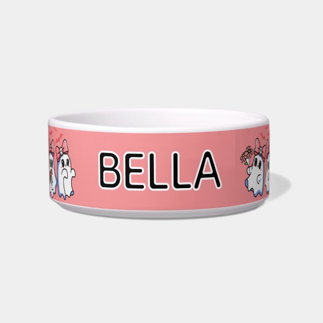 Cute Girly Ghosts with Bows Halloween Cat Feeding Bowl (Front)