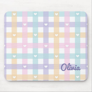 Cute Girly Gingham Plaid with Hearts Mouse Pad