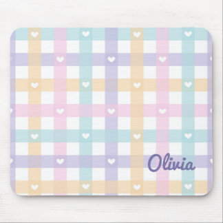 Cute Girly Gingham Plaid with Hearts Mouse Pad