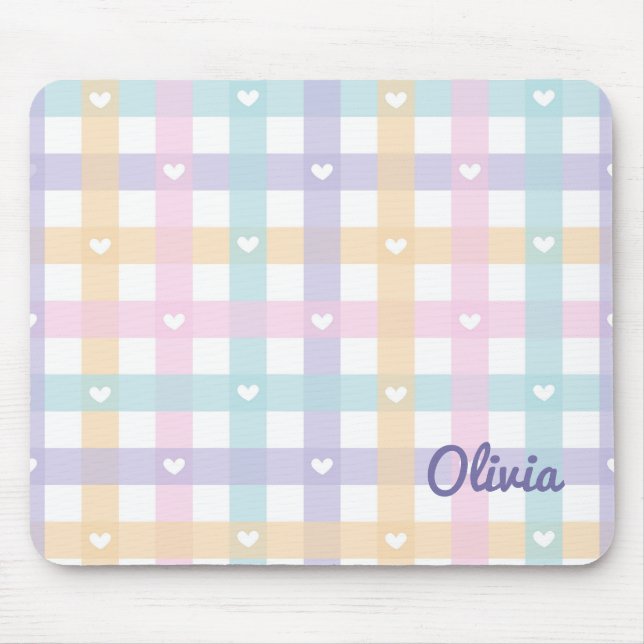 Cute Girly Gingham Plaid with Hearts Mouse Pad (Front)