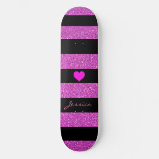 Cute Girly Glitter Pink Black Stripes Custom Name Skateboard