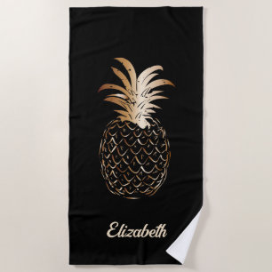 Cute Girly Gold and black Pineapple - Personalised Beach Towel