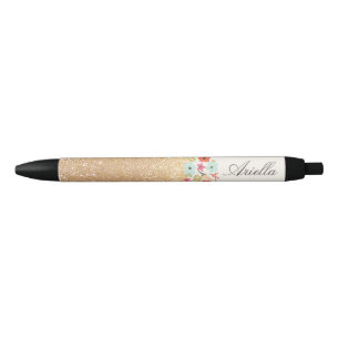 Cute Girly Gold Glitter Floral Personalised Name Black Ink Pen