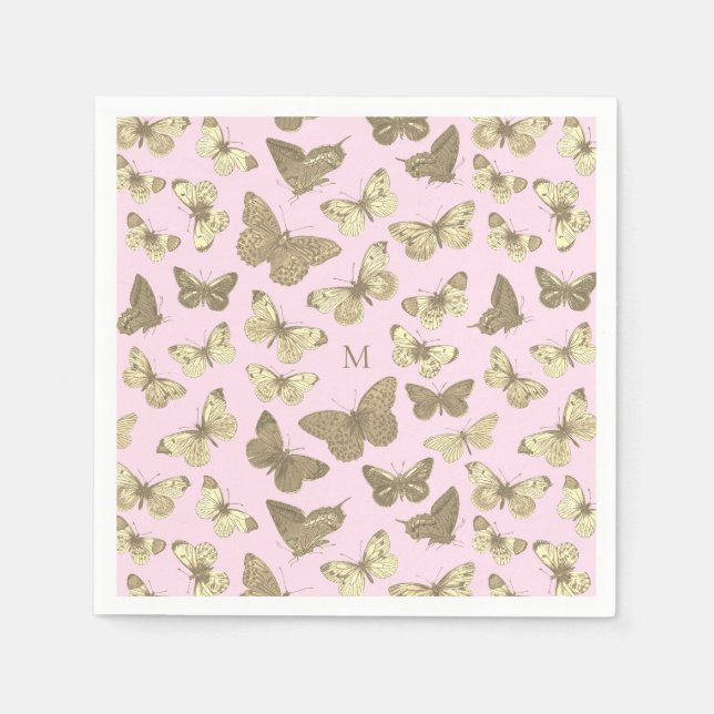 Cute Girly Gold Pink Butterfly Pattern Monogram Napkin (Front)