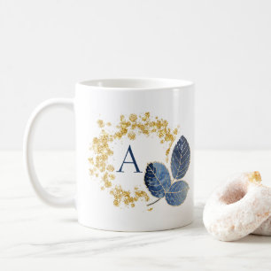 Cute Girly Gold Sparkle & Blue Leaf Monogram Name Coffee Mug