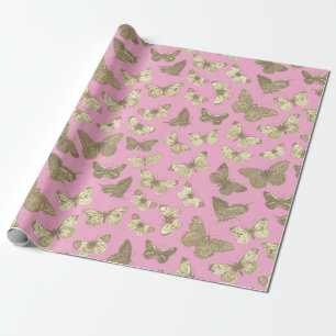 Cute Girly Golden Beige Butterfly Pattern Pink Wrapping Paper