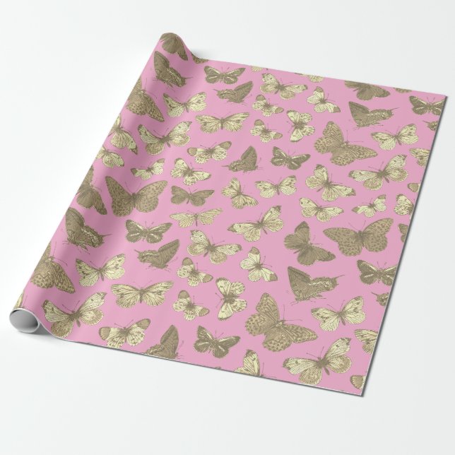 Cute Girly Golden Beige Butterfly Pattern Pink Wrapping Paper (Unrolled)