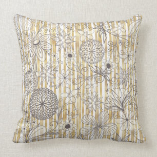 Cute Girly Gray Floral Doodles Gold Stripes Design Cushion
