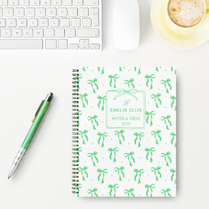 Cute Girly Green and White Coquette Bows Monogram Notebook