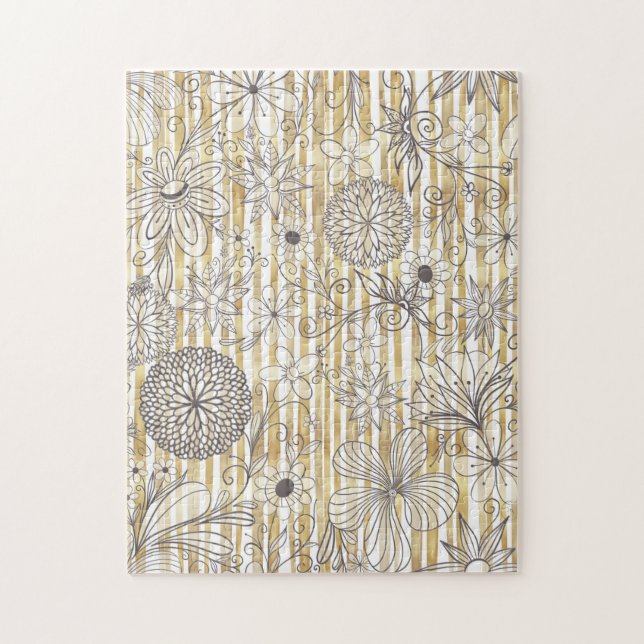 Cute Girly Grey Floral Doodles Gold Stripes Design Jigsaw Puzzle (Vertical)