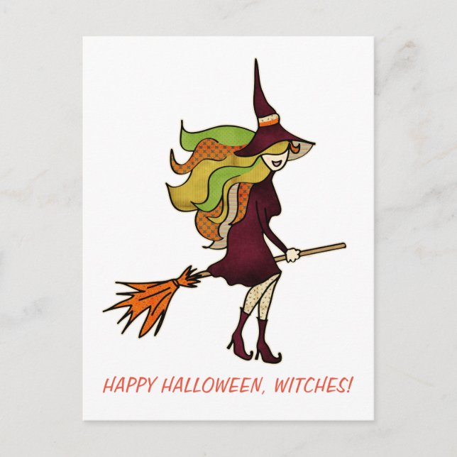 Cute Girly Happy Halloween Witches Witch Costume Invitation Postcard (Front)