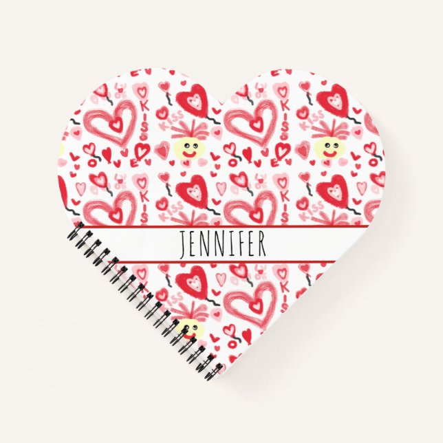 Cute Girly Heart Doodle Red Pink Personalised Notebook (Front)