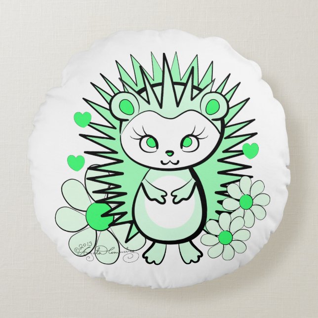 Cute Girly Hedgehog Green Round Cushion (Front)