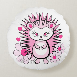 Cute Girly Hedgehog Pink Round Cushion