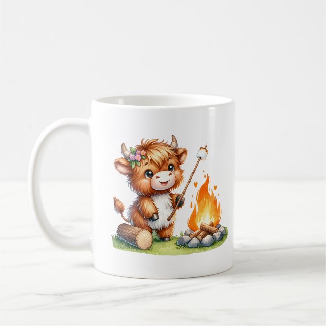 Cute Girly Highland Cow Camping Smores Coffee Mug (Left)