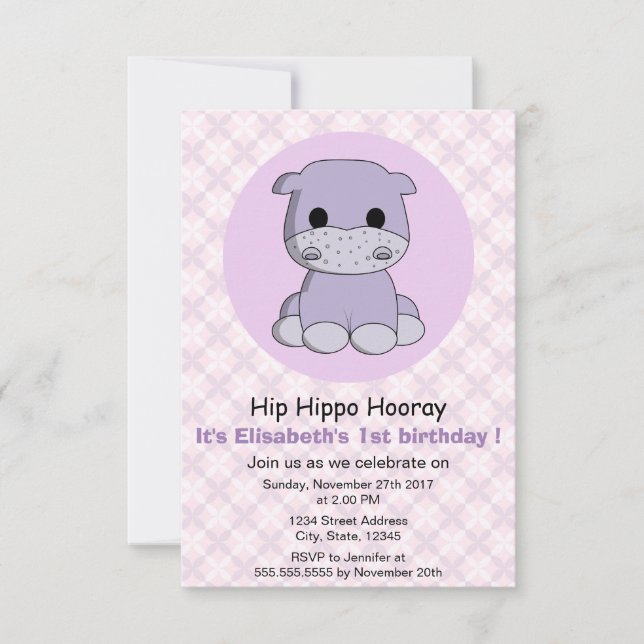Cute girly hippo purple girl kids birthday party invitation (Front)