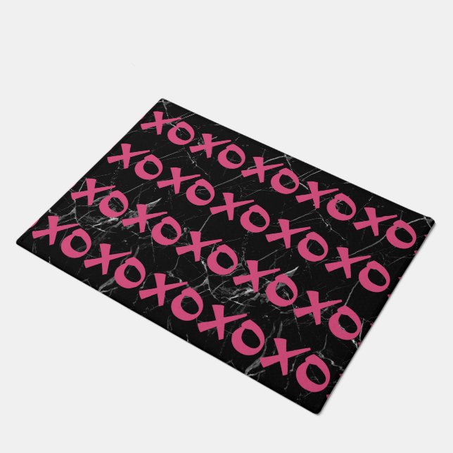 Cute girly hot pink black marble xoxo hugs kisses doormat (Angled)