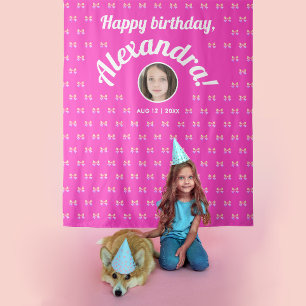 Cute Girly Hot Pink Bow Pattern Photo Bday Welcome Tapestry