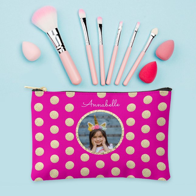 Cute Girly Hot Pink Gold Glitter Photo And Name Accessory Pouch (Creator Uploaded)