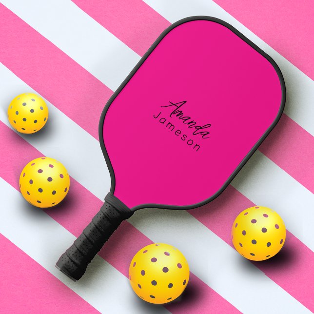 Cute Girly Hot Pink Monogrammed Full Name Womens Pickleball Paddle (Creator Uploaded)