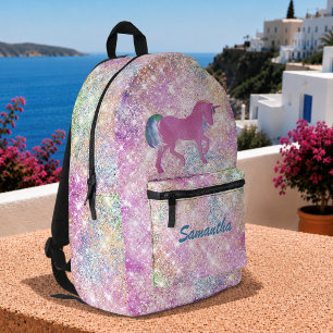 Cute girly hot Pink Rainbow unicorn Glitter Printed Backpack