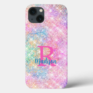 Cute girly iridescent pink faux glitter monogram iPhone 13 case