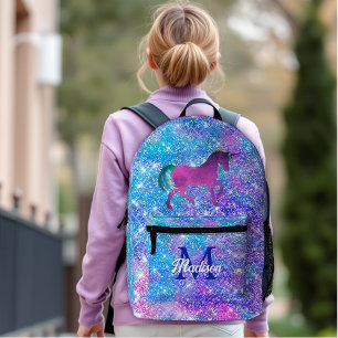 Cute girly iridescent unicorn blue purple glitter  printed backpack