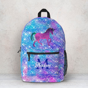 Cute girly iridescent unicorn blue purple glitter  printed backpack