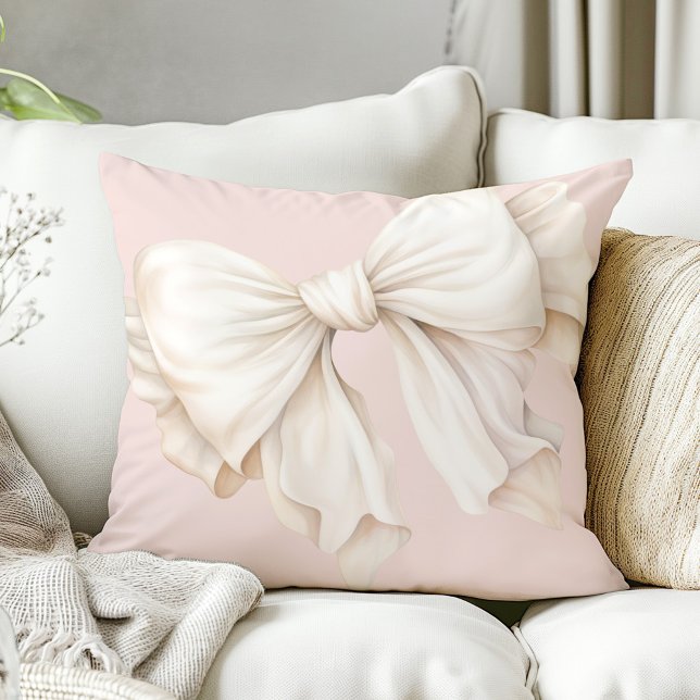Cute Girly Ivory White Bow on Pink Cushion (Available in 2 sizes: 16-inch diameter and 20-inch diameter.)